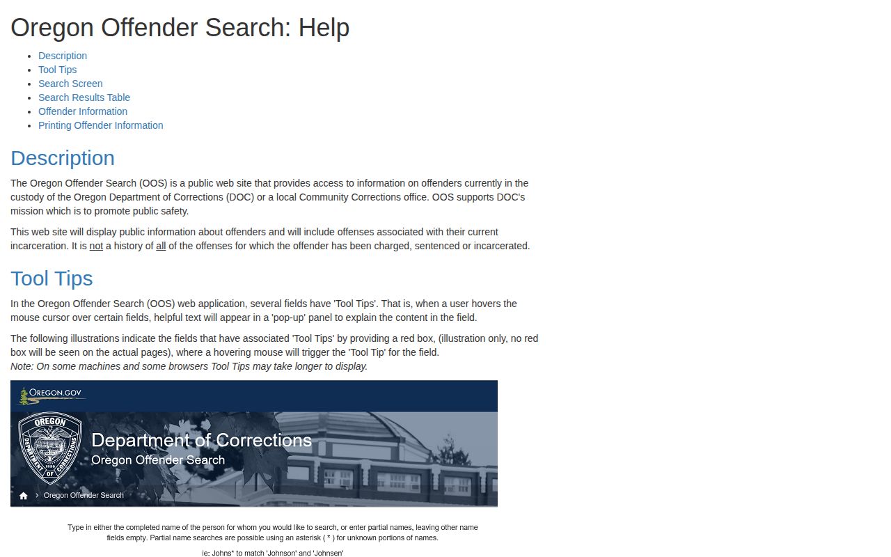 Wasco County inmate release date fields in Oregon Offender Search help